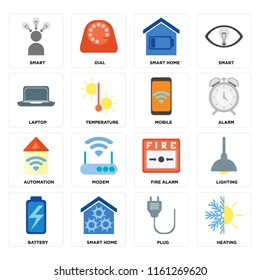 Set Of 16 icons such as Heating, Plug, Smart home, Battery, Lighting, Smart, Laptop, Automation, Mobile, web UI editable icon pack, pixel perfect
