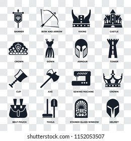 Set Of 16 icons such as Helmet, Stained glass window, Tools, Belt pouch, Crown, Banner, Cup, Armour on transparent background, pixel perfect