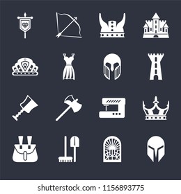 Set Of 16 icons such as Helmet, Stained glass window, Tools, Belt pouch, Crown, Banner, Cup, Armour on black background, web UI editable icon pack