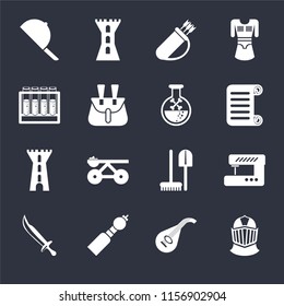 Set Of 16 icons such as Helmet, Lute, Bladder pipe, Sword, Sewing machine, Hat, Alchemy, Tower, Poison on black background, web UI editable icon pack