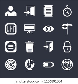 Set Of 16 icons such as Help, Battery, Worldwide, Radar, Locked, User, Controls, Menu, View on black background, web UI editable icon pack