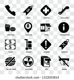 Set Of 16 icons such as Hidden, Atm, Radiation, No fast food, Discount, Telephone, Fast Money, Store on transparent background, pixel perfect