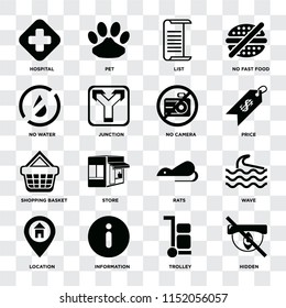 Set Of 16 icons such as Hidden, Trolley, Information, Location, Wave, Hospital, No water, Shopping basket, camera on transparent background, pixel perfect