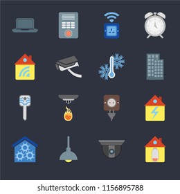 Set Of 16 icons such as Home, Security camera, Lighting, Smart home, Laptop, key, Temperature on black background, web UI editable icon pack