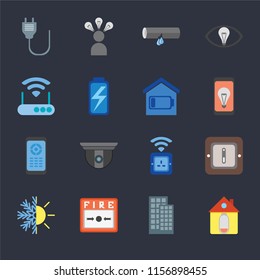 Set Of 16 icons such as Home, Smart home, Fire alarm, Heating, Switch, Plug, Modem, Remote, home on black background, web UI editable icon pack