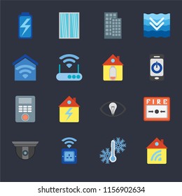 Set Of 16 icons such as Home, Temperature, Socket, Security camera, Fire alarm, Battery, Smart home, Intercom, Home on black background, web UI editable icon pack