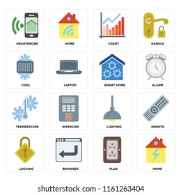 Set Of 16 icons such as Home, Plug, Browser, Locking, Remote, Smartphone, Cool, Temperature, Smart home, web UI editable icon pack, pixel perfect