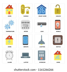 Set Of 16 icons such as Home, Intercom, Laptop, Alarm, Switch, Temperature, Leak, web UI editable icon pack, pixel perfect
