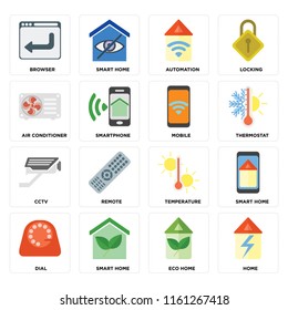 Set Of 16 icons such as Home, Eco home, Smart Dial, Browser, Air conditioner, Cctv, Mobile, web UI editable icon pack, pixel perfect