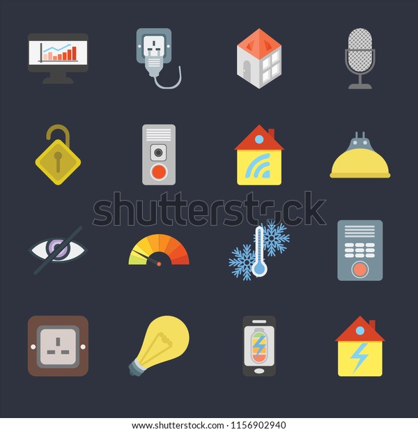 Set Of 16 icons such as Home, Mobile phone,\
Light, Plug, Intercom, Dashboard, Locked, Blind, Home on black\
background, web UI editable icon\
pack