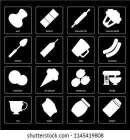 Set Of 16 icons such as Honey, Jam, Toast, Tea, Mixer, Salt, Spoon, Coconut, Mug, web UI editable icon pack, pixel perfect