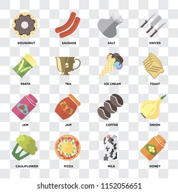 Set Of 16 icons such as Honey, Milk, Pizza, Cauliflower, Onion, Doughnut, Pasta, Jam, Ice cream on transparent background, pixel perfect