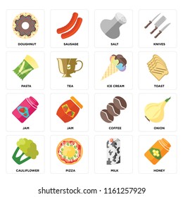 Set Of 16 icons such as Honey, Milk, Pizza, Cauliflower, Onion, Doughnut, Pasta, Jam, Ice cream, web UI editable icon pack, pixel perfect