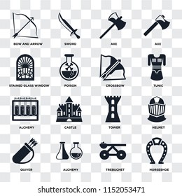 Set Of 16 icons such as Horseshoe, Trebuchet, Alchemy, Quiver, Helmet, Bow and arrow, Stained glass window, Crossbow on transparent background, pixel perfect