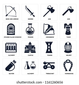 Set Of 16 icons such as Horseshoe, Trebuchet, Alchemy, Quiver, Helmet, Bow and arrow, Stained glass window, Crossbow, web UI editable icon pack, pixel perfect