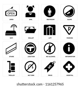 Set Of 16 icons such as Hospital, Price, No turn, Trolley, Information, Open, Wifi, Stairs, Lift, web UI editable icon pack, pixel perfect