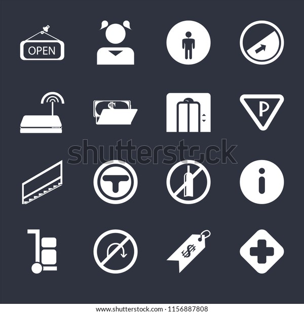 Set Of 16 icons such as Hospital, Price, No turn,\
Trolley, Information, Open, Wifi, Stairs, Lift on black background,\
web UI editable icon pack