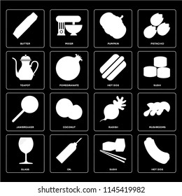 Set Of 16 icons such as Hot dog, Sushi, Oil, Glass, Mushrooms, Butter, Teapot, Jawbreaker, web UI editable icon pack, pixel perfect