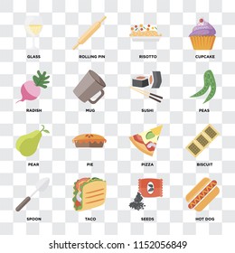 Set Of 16 icons such as Hot dog, Seeds, Taco, Spoon, Biscuit, Glass, Radish, Pear, Sushi on transparent background, pixel perfect