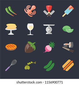 Set Of 16 icons such as Hot dog, Cucumber, Olives, Whisk, Sushi, Pepper, Pancakes, Pie, Scale on black background, web UI editable icon pack