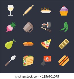 Set Of 16 icons such as Hot dog, Seeds, Taco, Spoon, Biscuit, Glass, Radish, Pear, Sushi on black background, web UI editable icon pack