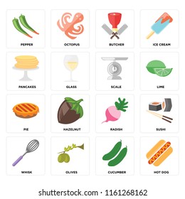 Set Of 16 icons such as Hot dog, Cucumber, Olives, Whisk, Sushi, Pepper, Pancakes, Pie, Scale, web UI editable icon pack, pixel perfect