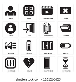 Set Of 16 icons such as Hourglass, Smartphone, Dislike, Controls, Battery, User, Speaker, Fingerprint, web UI editable icon pack, pixel perfect