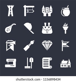 Set Of 16 icons such as House, Scroll, Tools, Sewing machine, Flag, Tower, Lute, Trumpet, Belt pouch on black background, web UI editable icon pack