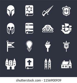 Set Of 16 icons such as House, Tower, Bible, Castle, Banner, Helmet, Armour, Flag, Crown on black background, web UI editable icon pack