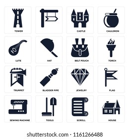 Set Of 16 icons such as House, Scroll, Tools, Sewing machine, Flag, Tower, Lute, Trumpet, Belt pouch, web UI editable icon pack, pixel perfect