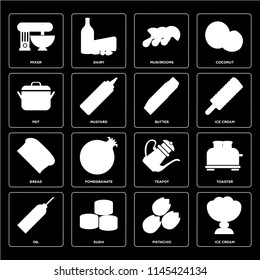 Set Of 16 icons such as Ice cream, Pistachio, Sushi, Oil, Toaster, Mixer, Pot, Bread, Butter, web UI editable icon pack, pixel perfect