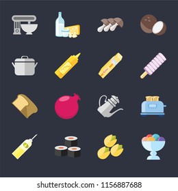 Set Of 16 icons such as Ice cream, Pistachio, Sushi, Oil, Toaster, Mixer, Pot, Bread, Butter on black background, web UI editable icon pack