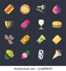 Set Of 16 icons such as Ice cream, Milk, Radish, Cauliflower, Chips, Hot dog, Tea, Potatoes, Glass on black background, web UI editable icon pack