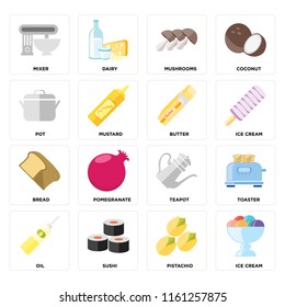 Set Of 16 icons such as Ice cream, Pistachio, Sushi, Oil, Toaster, Mixer, Pot, Bread, Butter, web UI editable icon pack, pixel perfect