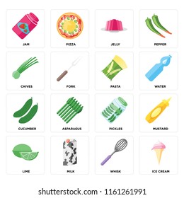 Set Of 16 icons such as Ice cream, Whisk, Milk, Lime, Mustard, Jam, Chives, Cucumber, Pasta, web UI editable icon pack, pixel perfect