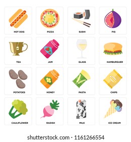 Set Of 16 icons such as Ice cream, Milk, Radish, Cauliflower, Chips, Hot dog, Tea, Potatoes, Glass, web UI editable icon pack, pixel perfect