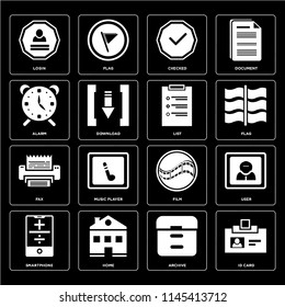 Set Of 16 icons such as Id card, Archive, Home, Smartphone, User, Login, Alarm, Fax, List, web UI editable icon pack, pixel perfect