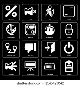 Set Of 16 icons such as Id card, Calendar, Television, Speaker, Switch, Percent, Worldwide, Placeholders, Stopwatch, web UI editable icon pack, pixel perfect