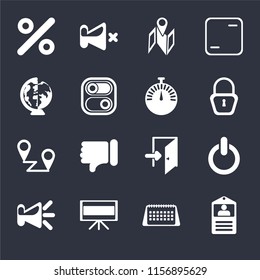 Set Of 16 icons such as Id card, Calendar, Television, Speaker, Switch, Percent, Worldwide, Placeholders, Stopwatch on black background, web UI editable icon pack