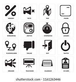 Set Of 16 icons such as Id card, Calendar, Television, Speaker, Switch, Percent, Worldwide, Placeholders, Stopwatch, web UI editable icon pack, pixel perfect