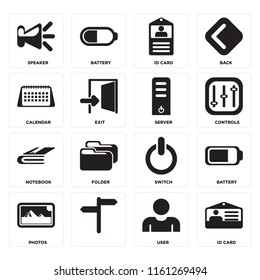 Set Of 16 icons such as Id card, User, , Photos, Battery, Speaker, Calendar, Notebook, Server, web UI editable icon pack, pixel perfect