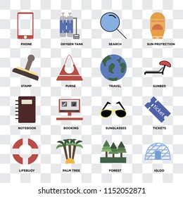 Set Of 16 icons such as Igloo, Forest, Palm tree, Lifebuoy, Tickets, Phone, Stamp, Notebook, Travel on transparent background, pixel perfect