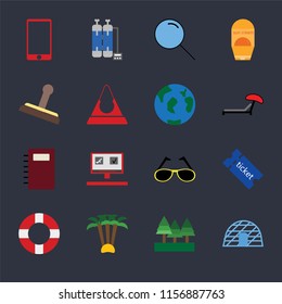 Set Of 16 icons such as Igloo, Forest, Palm tree, Lifebuoy, Tickets, Phone, Stamp, Notebook, Travel on black background, web UI editable icon pack