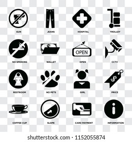 Set Of 16 icons such as Information, Card payment, Slope, Coffee cup, Price, Gun, No smoking, Restroom, Open on transparent background, pixel perfect