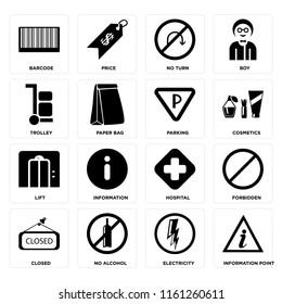 Set Of 16 icons such as Information point, Electricity, No alcohol, Closed, Forbidden, Barcode, Trolley, Lift, Parking, web UI editable icon pack, pixel perfect