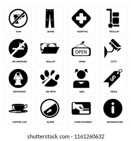 Set Of 16 icons such as Information, Card payment, Slope, Coffee cup, Price, Gun, No smoking, Restroom, Open, web UI editable icon pack, pixel perfect