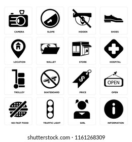 Set Of 16 icons such as Information, Girl, Traffic light, No fast food, Open, Camera, Location, Trolley, Store, web UI editable icon pack, pixel perfect