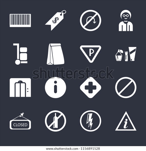 Set Of 16 icons\
such as Information point, Electricity, No alcohol, Closed,\
Forbidden, Barcode, Trolley, Lift, Parking on black background, web\
UI editable icon pack