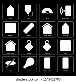 Set Of 16 icons such as Intercom, Mobile phone, Light, Blind, Plug, Home, Browser, Smart home, web UI editable icon pack, pixel perfect
