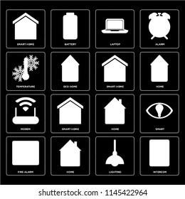 Set Of 16 icons such as Intercom, Lighting, Home, Fire alarm, Smart, Smart home, Temperature, Modem, web UI editable icon pack, pixel perfect
